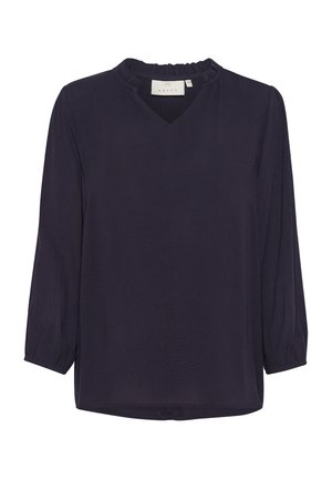 Námornícky top s výstrihom do V a volánovým golierom, s dlhými rukávmi a mierne naťahovanými manžetami, rovný lem. Hladká textúra tkaniny.