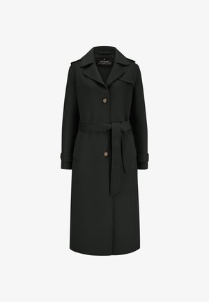 Schwarzer Wolle-Mischung Mantel mit Reverskragen, vorderem Knopfverschluss, zwei Seitentaschen, einem gebundenen Gürtel in der Taille und Manschettendetails an den Handgelenken.