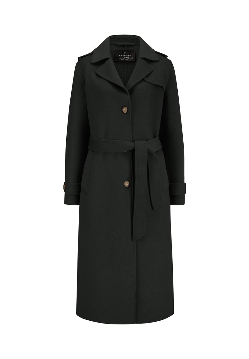 Schwarzer Wolle-Mischung Mantel mit Reverskragen, vorderem Knopfverschluss, zwei Seitentaschen, einem gebundenen Gürtel in der Taille und Manschettendetails an den Handgelenken.