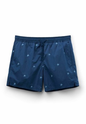 Navy swim shorts with light blue starfish embroidery, elastic waistband with drawstring, and side pockets. Lightweight, smooth fabric.