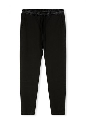 Pantaloni da jogging neri in morbido tessuto, con vita regolabile tramite coulisse, polsini elasticizzati alle caviglie e due tasche laterali. Texture liscia in tutto il capo.