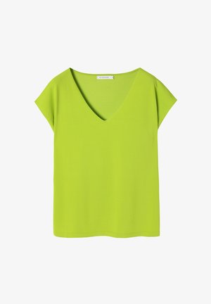 Kortærmet top med V-hals i lys limegrøn, lavet af glat stof med en afslappet pasform og en lige kant.
