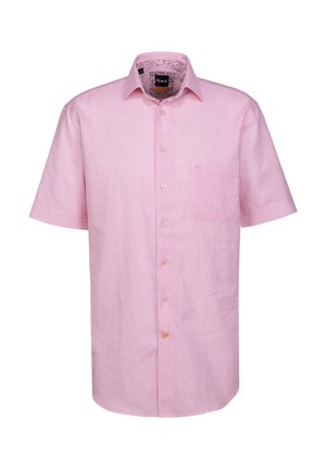 Rosa Kurzarmhemd aus Leinenmix, mit Button-down-Kragen, Brusttasche und gemustertem Innenkragen.