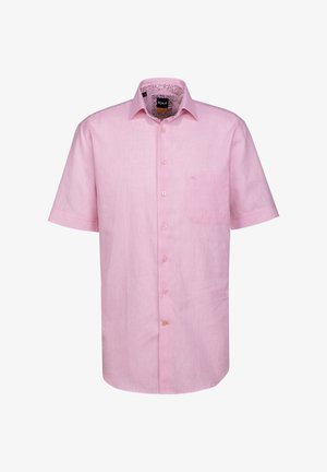 Camicetta rosa a maniche corte in misto lino, con colletto a camicia, taschino sul petto e dettagli a fantasia all'interno del colletto.