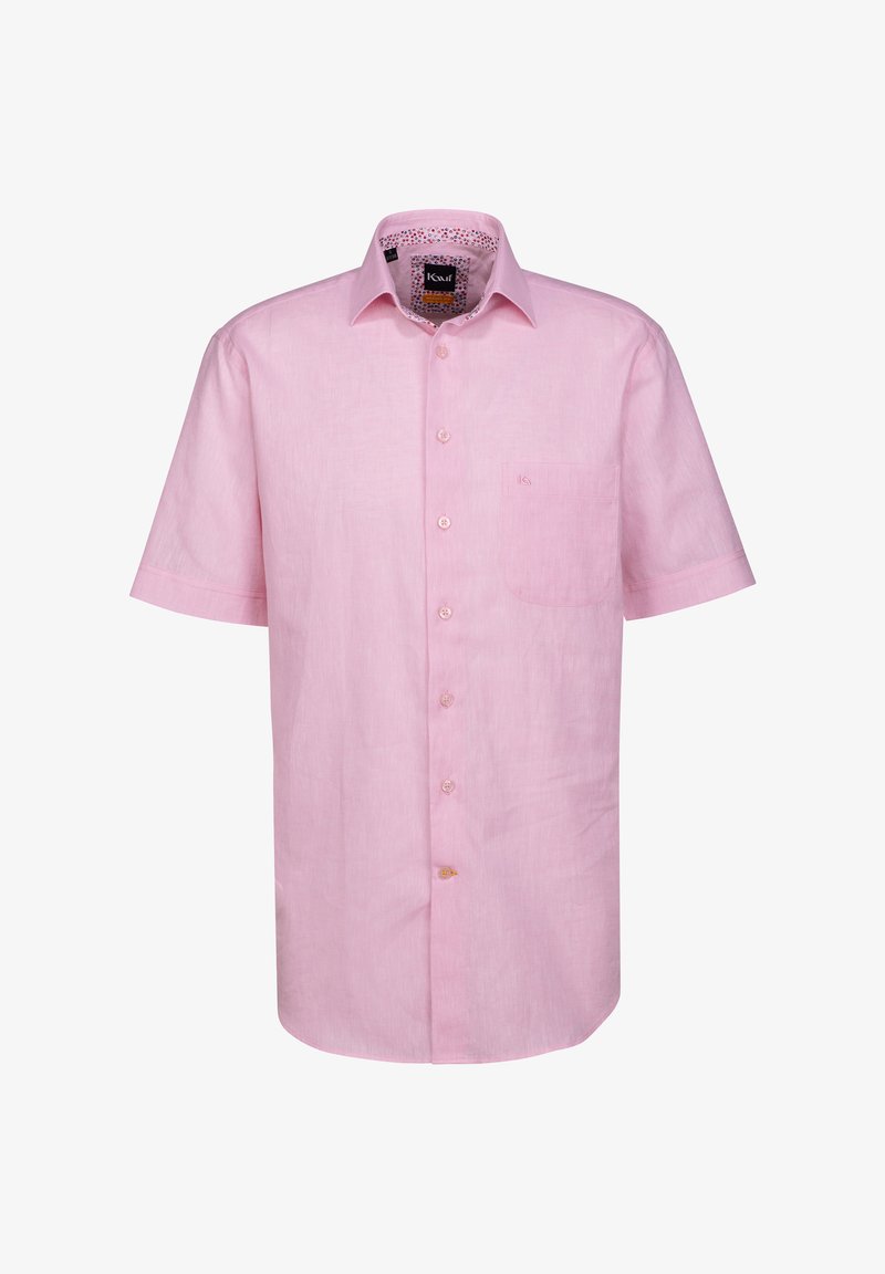 Camicetta rosa a maniche corte in misto lino, con colletto a camicia, taschino sul petto e dettagli a fantasia all'interno del colletto.