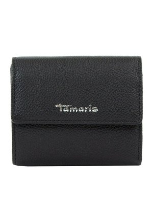 Black leather wallet with a textured finish, featuring a flap closure and a silver logo accent on the front. Compact rectangular shape.