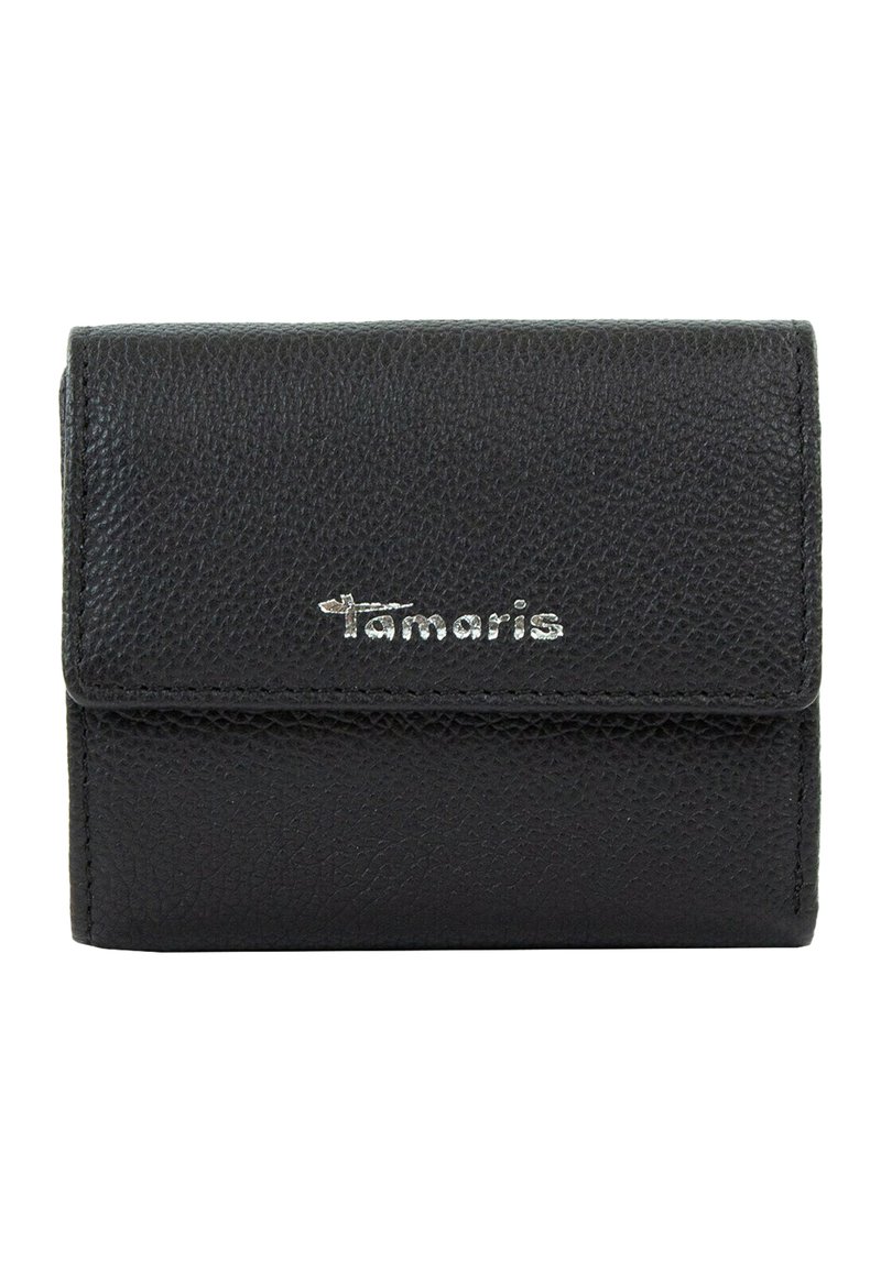 Black leather wallet with a textured finish, featuring a flap closure and a silver logo accent on the front. Compact rectangular shape.