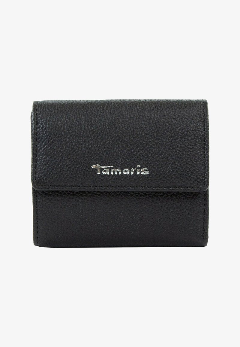 Melnas ādas maku ar teksturētu virsmu, ar aizvērtni un sudraba logo akcentu priekšpusē. Kompakta taisnstūrveida forma.