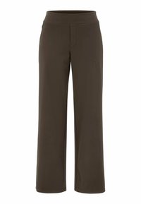 Bruine, wijdvallende broek met een gladde textuur, elastische tailleband en een voornaad, gemaakt van lichte, ademende stof.