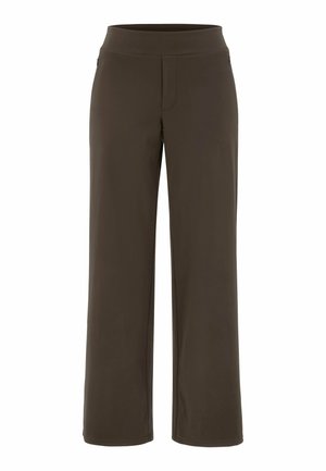 Bruine, wijdvallende broek met een gladde textuur, elastische tailleband en een voornaad, gemaakt van lichte, ademende stof.