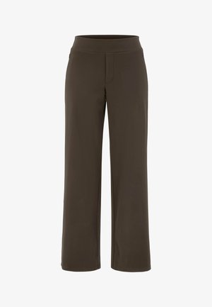 Bruine, wijdvallende broek met een gladde textuur, elastische tailleband en een voornaad, gemaakt van lichte, ademende stof.