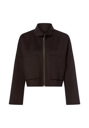 Gekürzte schwarze Zip-Jacke aus weichem Stoff, mit hohem Kragen und zwei großen vorderen Taschen. Lange, weite Ärmel.