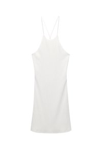 Weißes, ärmelloses Kleid mit geripptem Muster, das dünne Träger und ein einfaches, tailliertes Design aufweist. Keine zusätzlichen Muster oder Akzente sichtbar.