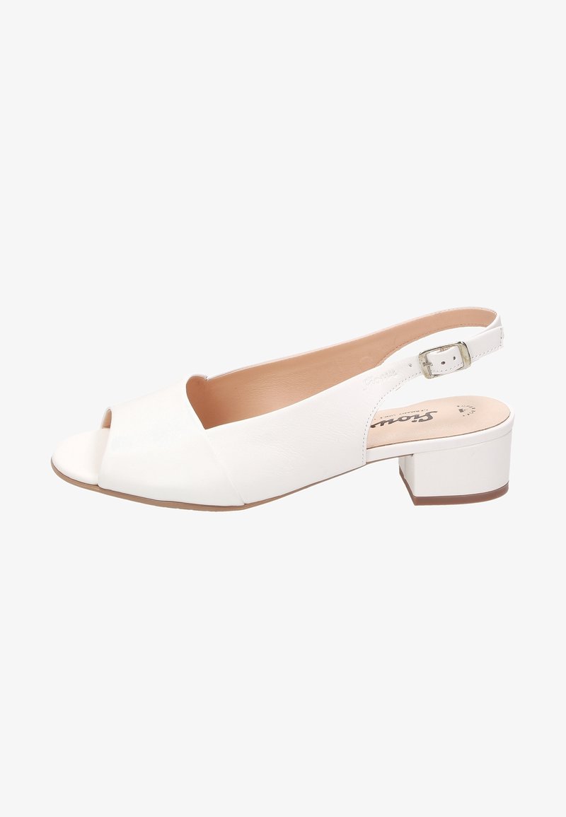 Sandaletti con tacco a slingback bianchi e open toe, realizzati in pelle liscia. Presentano una fascia ampia e un piccolo tacco a blocco per garantire stabilità.
