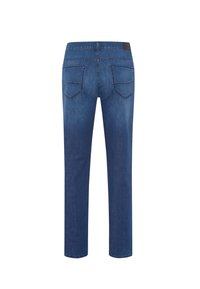 Dunkelblaue Jeans aus Denim mit geradem Schnitt, zwei Gesäßtaschen und dezenten Nähten. Glatte Textur mit klassischem Design.