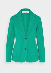 Groene katoenen blazer met een notched lapel, twee voorkruiken en twee zwarte knopen. Gladde textuur en aansluitende pasvorm.