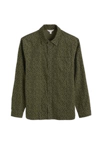 Camicia a maniche lunghe in tessuto verde oliva con un motivo testurizzato di piccoli puntini bianchi e blu, dotata di una chiusura con bottoni e di una tasca sul petto.