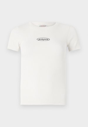 Baltas raštuotas T-shirt su trumpomis rankovėmis, apvaliu iškirpimu ir juodu siuvinėjimu "guess jeans" logotipu viduryje priekyje.