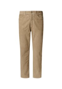 Pantaloni in corduroy di colore marrone chiaro, con un design a gamba dritta, chiusura con bottone e tasche frontali accentuate. Tessuto texture.