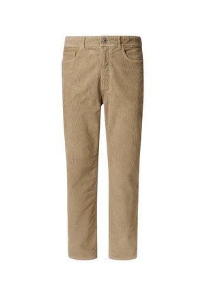Pantalones de pana en un color marrón claro, con un diseño de pierna recta, cierre de botón y bolsillos frontales acentuados. Tejido texturizado.