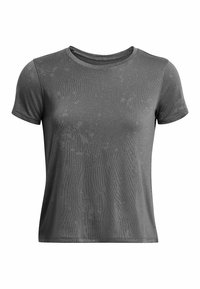 Šedé tričko s krátkým rukávem vyrobené z texturované síťoviny, s kulatým výstřihem a jemným vybledlým vzorem na materiálu.