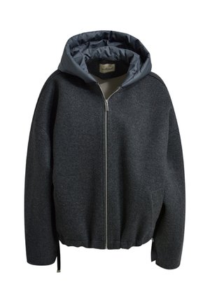 Dunkelgraue Zip-Jacke mit einer kontrastierenden blauen Kapuze, aus weichem Material, mit einem lässigen Schnitt und Kordelzugsaum.