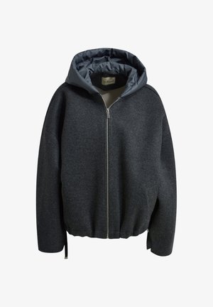 Dark gray zip-up jacket with a contrasting blue hood, made of soft material, featuring a relaxed fit and drawstring hem.