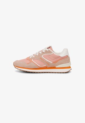 Pink and beige suede and fabric sneaker with white laces, orange accent sole, and "Marc O’Polo" branding on the side.