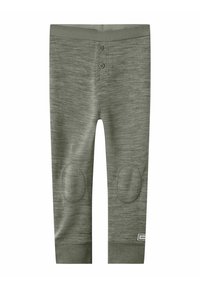 Gröna, mjuka leggings i jersey med knäpatchar, elastisk midja och en subtil melerad textur. Funktionell knappdetalj vid midjan.