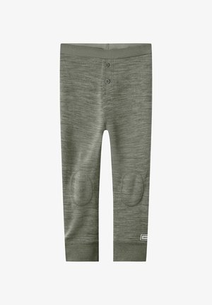 Leggings en jersey tricoté doux de couleur verte avec des patchs aux genoux, une taille élastique et une texture chinée subtile. Détails de boutons fonctionnels à la taille.