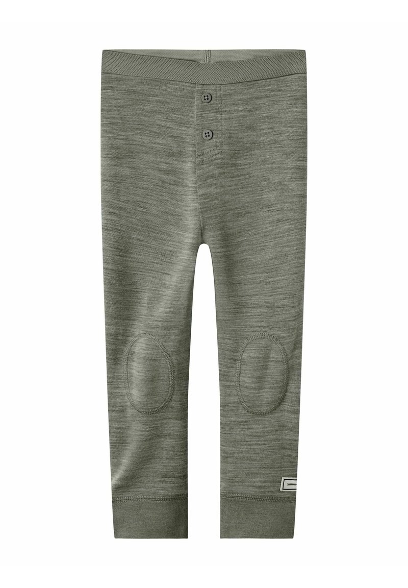 Gröna, mjuka leggings i jersey med knäpatchar, elastisk midja och en subtil melerad textur. Funktionell knappdetalj vid midjan.