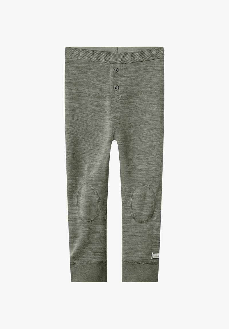 Grüne, weiche Jersey-Strickleggings mit Knieflicken, elastischem Bündchen und einer dezenten melierten Textur. Funktionale Knopfdetails am Bund.