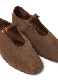 Scarpe Mary Jane in suede marrone con punta affilata, una singola cinghia alla caviglia con fibbia in metallo e fodera interna liscia.