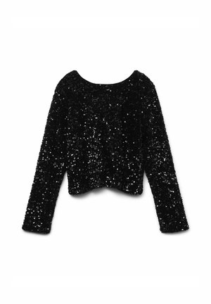 Zwarte lange mouw cropped top bedekt met pailletten, met een ronde halslijn en een gestructureerd oppervlak.