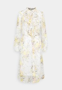 Šaty s dlouhým rukávem s květinovým vzorem z průsvitné bílé látky, s volánkovým detail a vysokým výstřihem v jemných pastelových žlutých a zelených tónech.