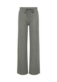 Grijze geribbelde gebreide wijde-pijp broeken met elastische tailleband en trekkoord aan de voorkant.