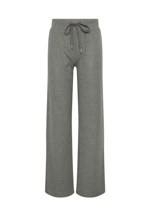 Pantaloni larghi a coste grigi, in maglia, con vita elastica e cordoncino regolabile sul davanti.