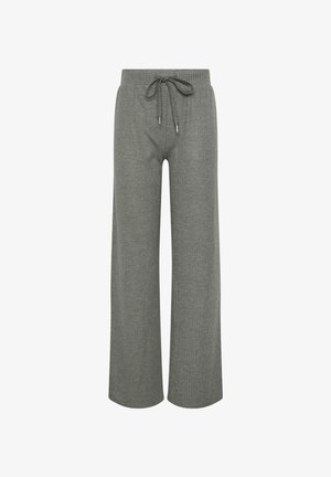 Graue gerippte Strickweithosen mit elastischem Bund und Kordelzug vorne.