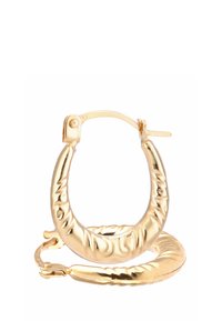 Orecchini a cerchio color oro con un design testurizzato e attorcigliato. Gli orecchini includono una chiusura a cerniera per un indossamento sicuro.