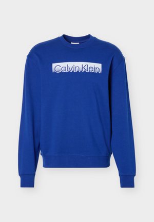 Blaues Sweatshirt mit langen Ärmeln und Rundhalsausschnitt, mit "Calvin Klein"-Logo in weißer Blockschrift auf der Brust.
