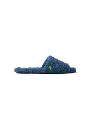 Zapatillas de casa azules de felpa con diseño de punta abierta, textura suave y detalles en verde. El material suave ofrece comodidad para usar en interiores.
