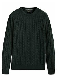 Dunkelgrüner Kabelstrickpullover mit Rundhalsausschnitt, der texturierte Muster sowie gerippte Bündchen und Saum aufweist. Hergestellt aus einem gestrickten Material.