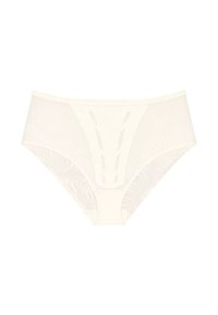 Panties de talle alto en color beige, fabricadas con material transparente, que presentan un sutil patrón de ondas, cinturilla elástica y una construcción sin costuras.