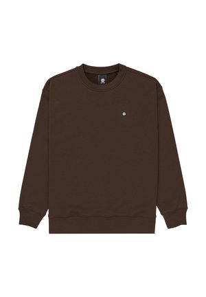 Sudadera marrón de algodón, con cuello redondo, mangas largas y un pequeño logo en el pecho. Diseño sencillo con puños acanalados.
