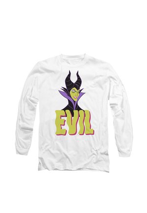 White long-sleeve T-shirt featuring a green-skinned character with two black horns and purple collar. Text reads "EVIL" in yellow with pink outline.