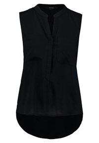 Blouse noire sans manches avec col mandarin, patte de boutonnage sur le devant et ourlet arrondi. Tissu lisse avec peu de détails et sans motifs.