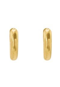 Orecchini a cerchio color oro con un design liscio e arrotondato e una leggera curva. Presentano una finitura lucida per un aspetto brillante.