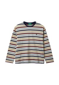 Pruhované tričko s dlouhým rukávem v krémové, námořnické a vínové barvě. Má kulatý výstřih a malé vyšívané logo na hrudi. Měkká struktura látky.