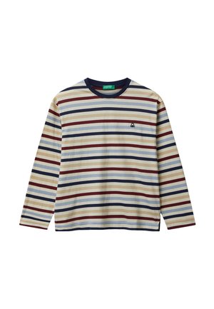 T-shirt a maniche lunghe a righe in crema, blu navy e bordeaux. Presenta un colletto tondo e un piccolo design ricamato sul petto. Tessuto morbido.