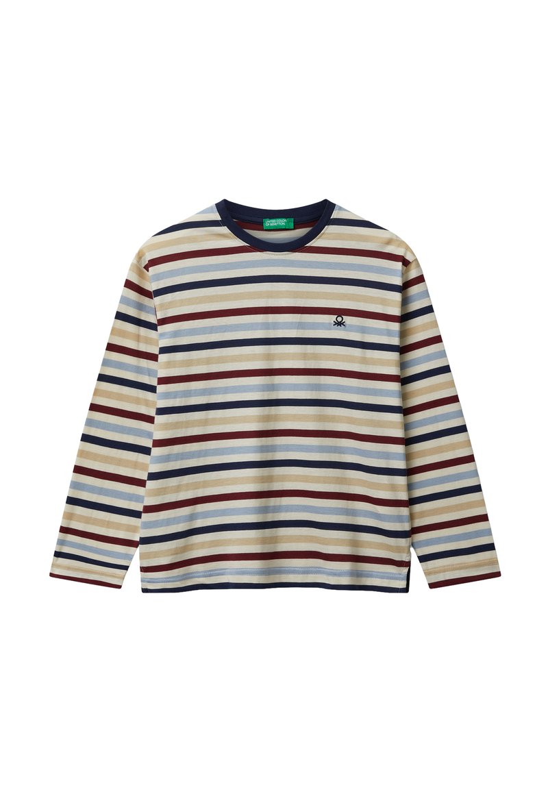 Pruhované tričko s dlouhým rukávem v krémové, námořnické a vínové barvě. Má kulatý výstřih a malé vyšívané logo na hrudi. Měkká struktura látky.